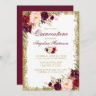 Quinceanera Burgundy Floral Gold Glitter Invite B