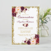 Quinceanera Burgundy Floral Gold Glitter Invite B (Standing Front)