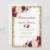 Quinceanera Burgundy Floral Gold Glitter Invite B (Front)