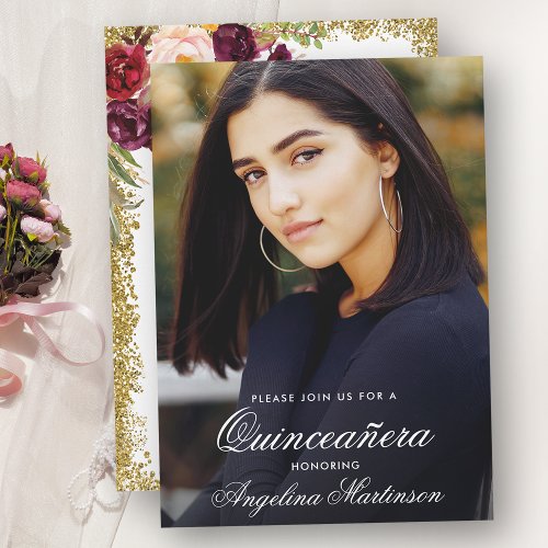 Quinceanera Burgundy Floral Gold Glitter Photo Invitation