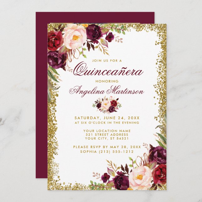 Quinceanera Burgundy Floral Gold Glitter Photo Invitation (Front/Back)