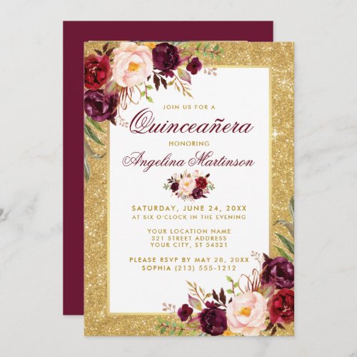 Quinceanera Burgundy Floral Gold Glitter Photo Invitation