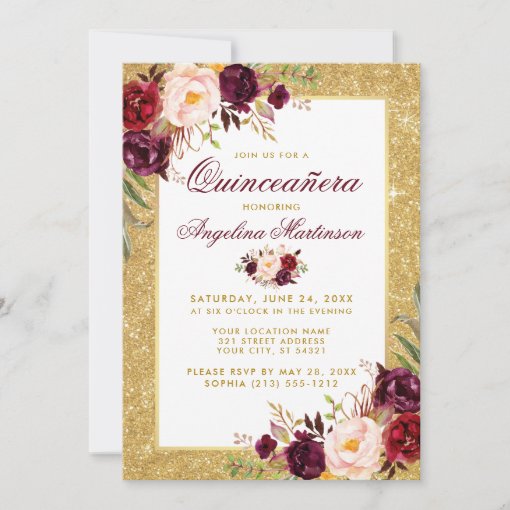 Quinceanera Burgundy Floral Gold Glitter Photo Invitation | Zazzle