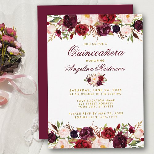 Quinceanera Burgundy Floral Gold Invitation