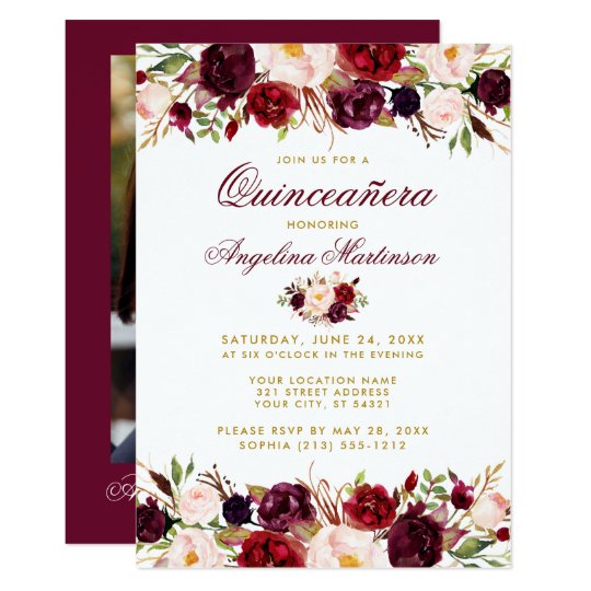 Quinceanera Burgundy Floral Gold Photo Invitation 4019