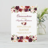 Quinceanera Burgundy Floral Gold Photo Invitation (Standing Front)
