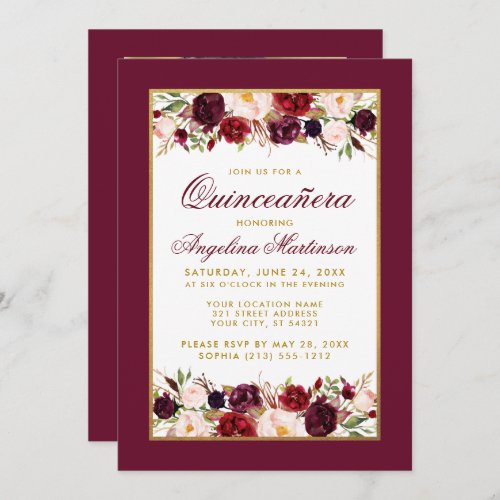 Quinceanera Burgundy Floral Gold Photo Invitation