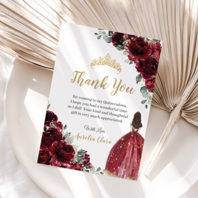 Quinceañera Burgundy Floral Gold Princess Dress Thank You Card (Creator Uploaded)