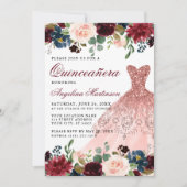 Quinceanera Burgundy Floral Photo Back Dress Invitation (Front)