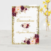 Quinceanera Burgundy Floral Photo Glitter Folded Card (Yellow Flower)