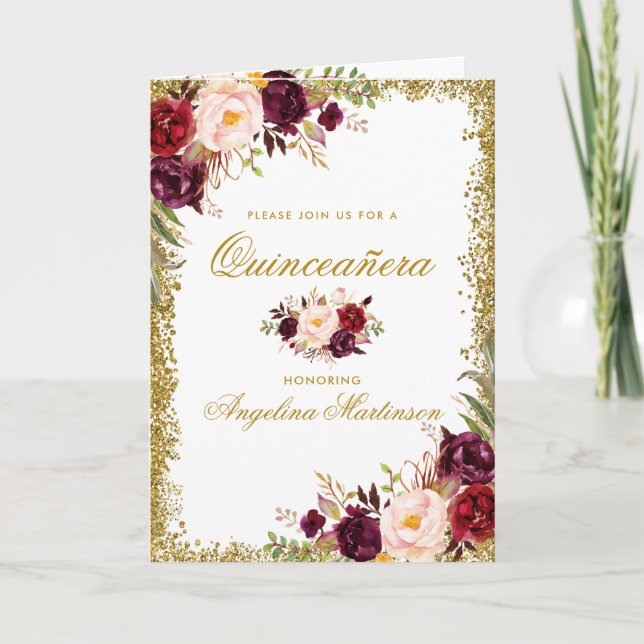 Quinceanera Burgundy Floral Photo Glitter Folded Card (Front)