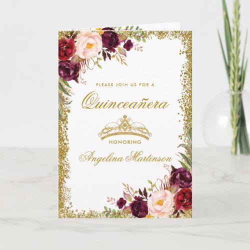 Quinceanera Burgundy Floral Photo Gold Crown Fold Card
