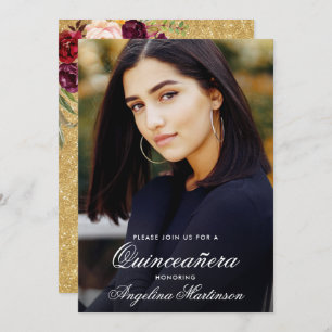 Quinceanera Burgundy Floral Photo Gold Glitter Invitation
