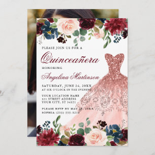 Quinceanera Burgundy Floral Photo Pink Dress Invitation
