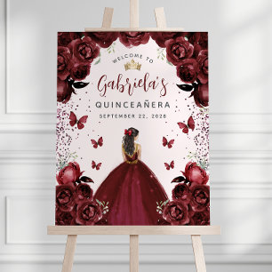 Quinceañera Burgundy Floral Princess Welcome Foam Board