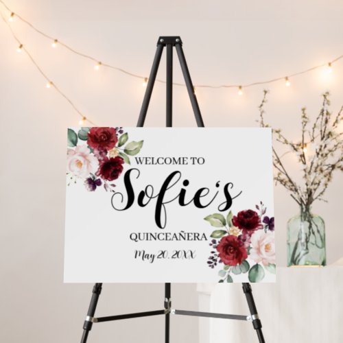 Quinceaera burgundy floral welcome sign