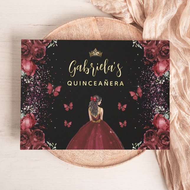 Quinceañera Burgundy Gold Black Floral Foil Guest Book (Creator Uploaded)