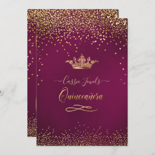 Quinceanera Burgundy Gold Confetti+Princess Crown Invitation