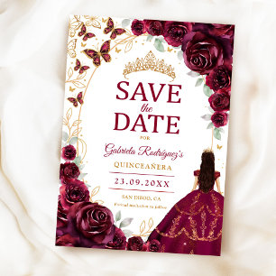 Quinceanera Burgundy Gold Floral Save The Date