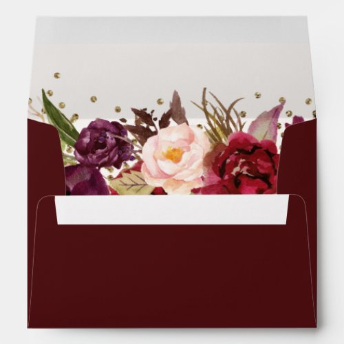 Quinceanera Burgundy Gold floral Sparkle Envelope