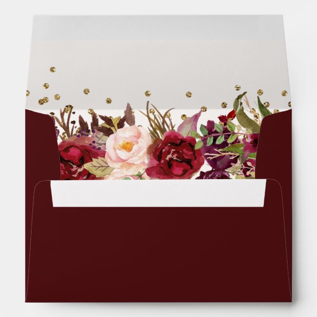Quinceanera Burgundy Gold floral Sparkle Envelope (Back (Bottom))