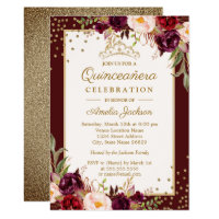 Quinceanera Burgundy Gold floral Sparkle Invite