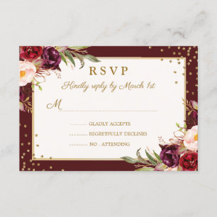 Quinceanera Burgundy Gold floral Sparkle RSVP Card