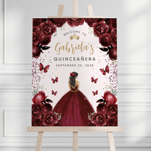Quinceañera Burgundy Gold Floral Welcome Foam Board