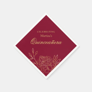 Quinceanera Burgundy Gold Flowers 15th Birthday Napkins