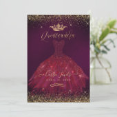 Quinceanera Burgundy Gold Glitter Princess Crown Invitation (Standing Front)