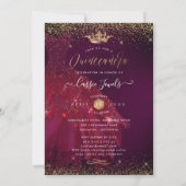 Quinceanera Burgundy Gold Glitter Princess Crown Invitation (Back)