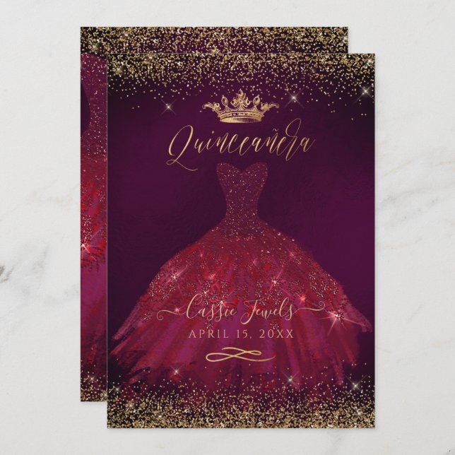 Quinceanera Burgundy Gold Glitter Princess Crown Invitation (Front/Back)