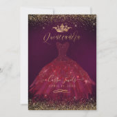 Quinceanera Burgundy Gold Glitter Princess Crown Invitation (Front)