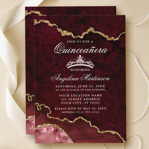 Quinceanera Burgundy Gold Marble Agate Geode Invitation