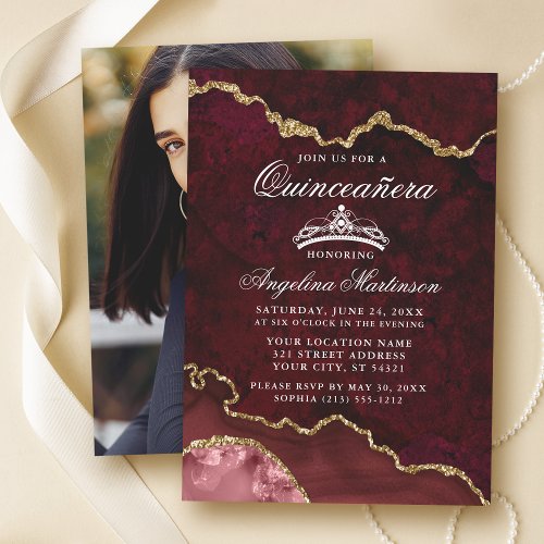 Quinceanera Burgundy Gold Marble Agate Geode Photo Invitation