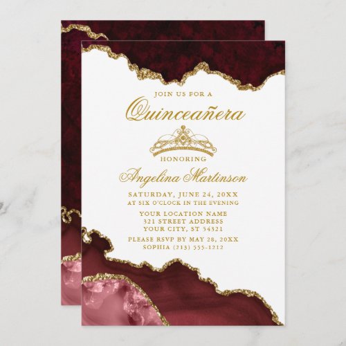 Quinceanera Burgundy Gold Marble Crown Invitation