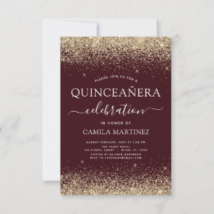 Quinceanera Burgundy Gold Modern Glitter Sparkle Invitation