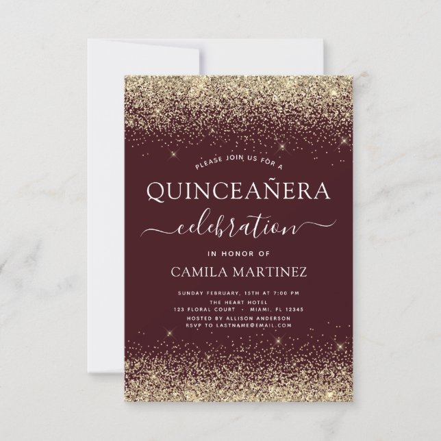 Quinceanera Burgundy Gold Modern Glitter Sparkle Invitation (Front)