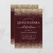 Quinceanera Burgundy Gold Modern Glitter Sparkle Invitation (Front/Back)