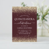 Quinceanera Burgundy Gold Modern Glitter Sparkle Invitation (Standing Front)