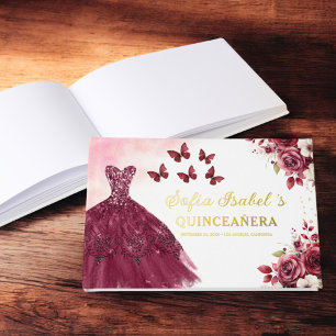 Quinceañera Burgundy Gold Princess Floral Foil Guest Book