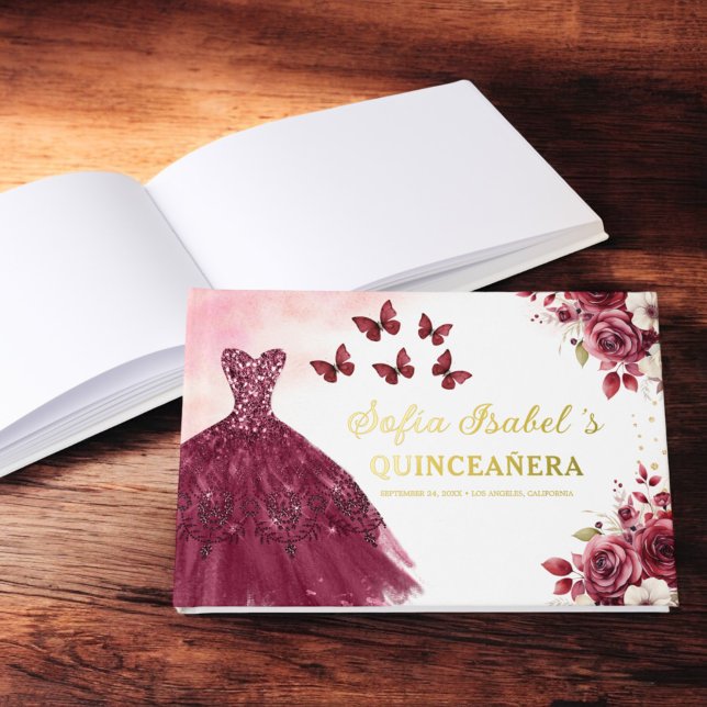 Quinceañera Burgundy Gold Princess Floral Foil Guest Book (Creator Uploaded)