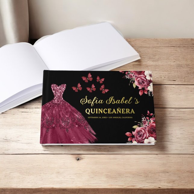 Quinceañera Burgundy Gold Princess Floral Foil Guest Book (Creator Uploaded)