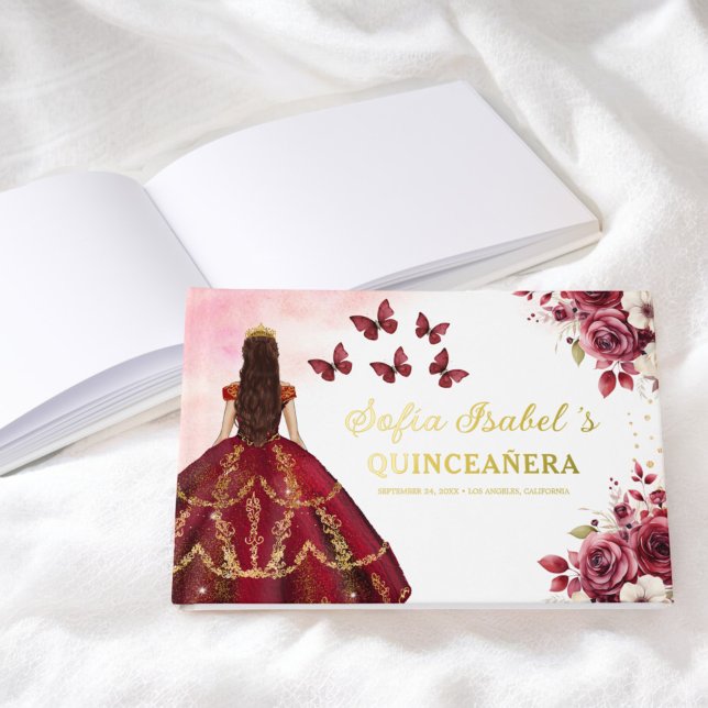 Quinceañera Burgundy Gold Princess Floral Foil Guest Book (Creator Uploaded)