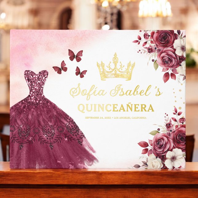 Quinceañera Burgundy Gold Princess Floral Foil Guest Book (Creator Uploaded)