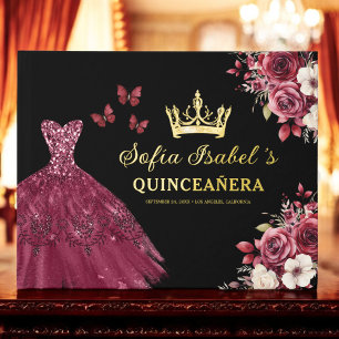 Quinceañera Burgundy Gold Princess Floral Foil Guest Book