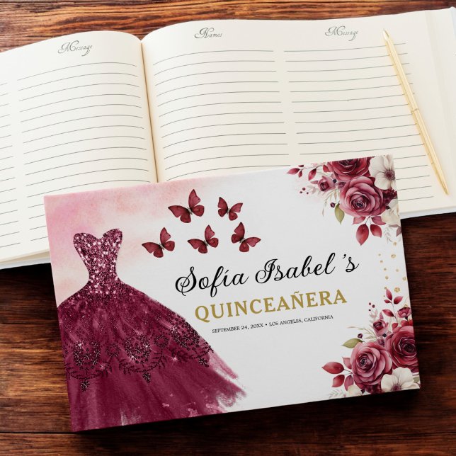Quinceañera Burgundy Gold Princess Floral Guest Book (Creator Uploaded)