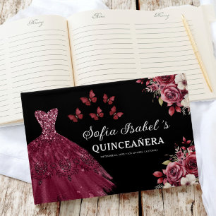 Quinceañera Burgundy Gold Princess Floral Guest Book