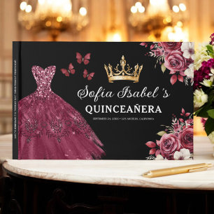 Quinceañera Burgundy Gold Princess Floral Guest Book