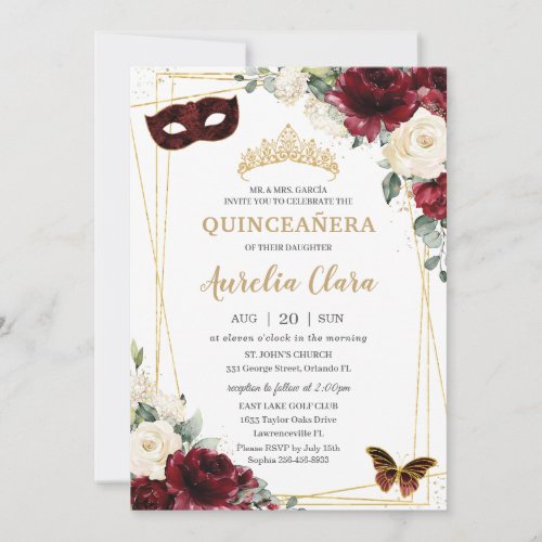 Quinceaera Burgundy Ivory Floral Butterflies Mask Invitation